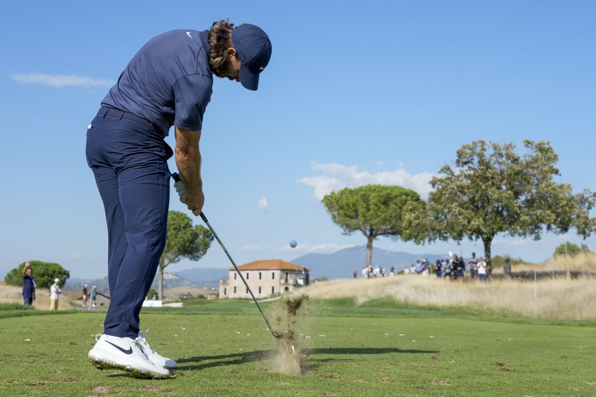 Tommy Fleetwood hits a tee shot during the first round of the Italian Open golf tournament, in Guidonia, in the outskirts of Rome, Thursday, Sept. 2, 2021. (AP Photo/Andrew Medichini)