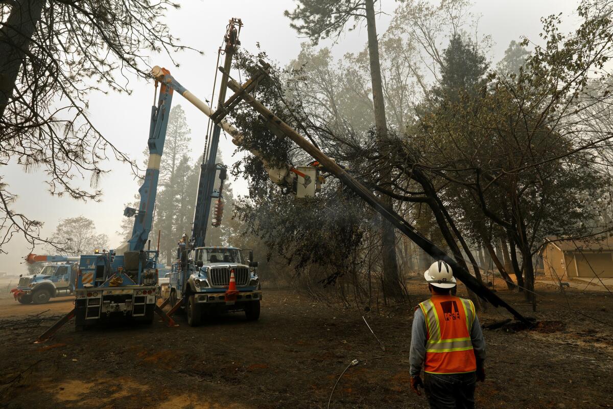 PG&E workers take down damaged power lines near Pulga in the wake of the Paradise fire.