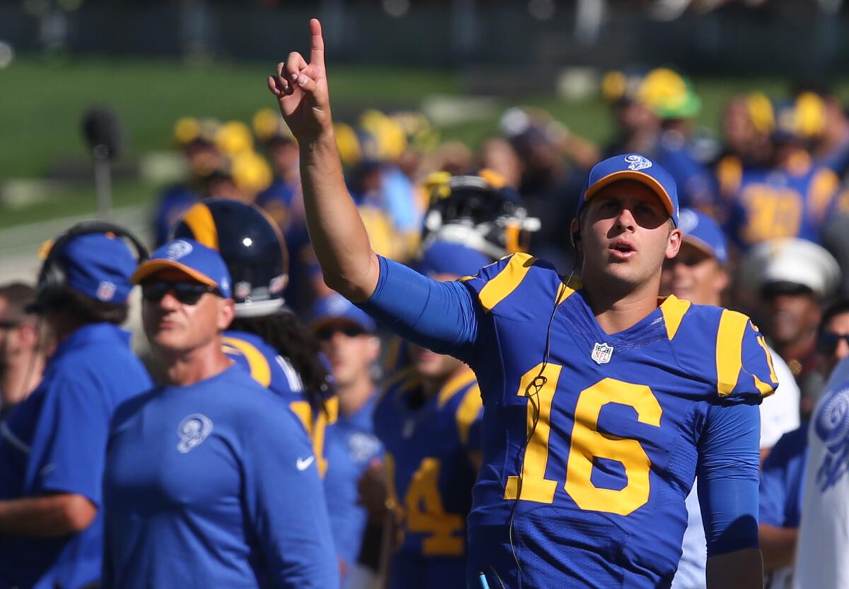 Backup quarterback Jared Goff watches the closing moments of the Rams' 9-3 win over Seattle on Sept. 18.