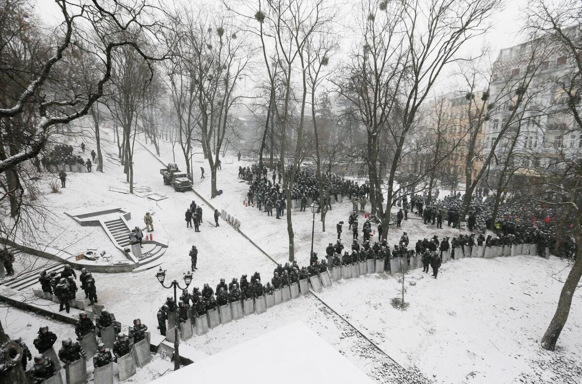 Riot police stand in line in a park during an anti-government protest in downtown Kiev.