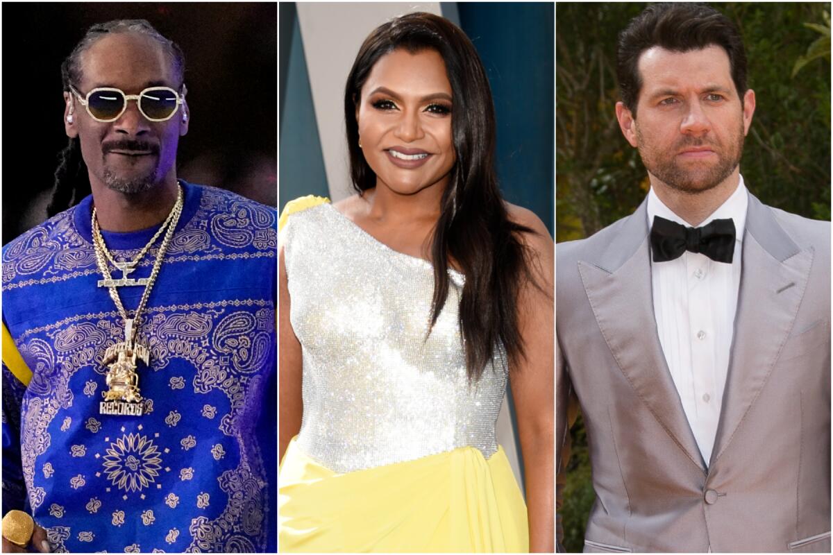 A split image of Snoop Dogg holding a microphone, left, Mindy Kaling in a silver dress and Billy Eichner in a gray suit