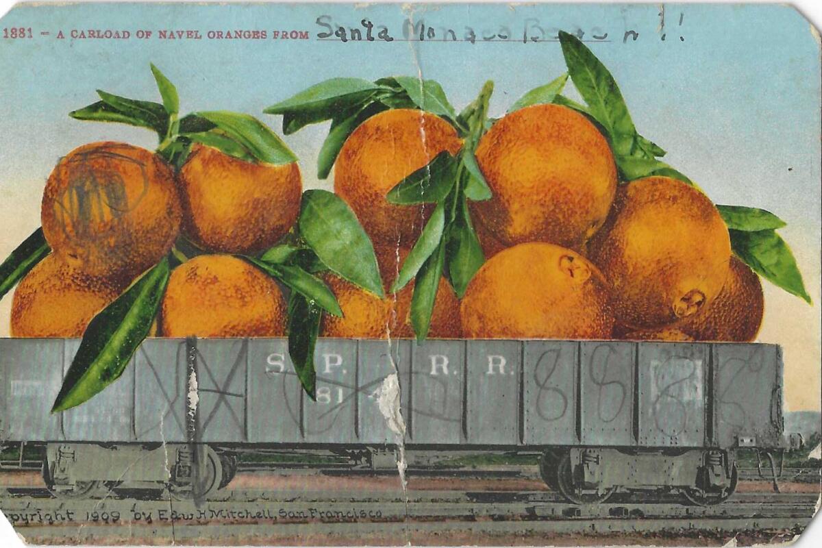 Gigantic oranges are seen in a railroad car.