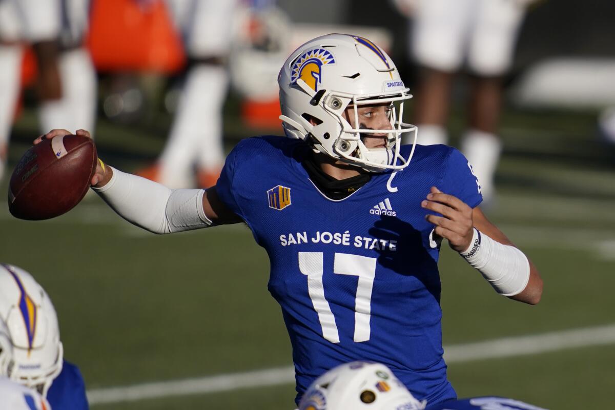 San Jose State quarterback Nick Starkel throws against Boise State in the Mountain West title game Dec. 19, 2020.