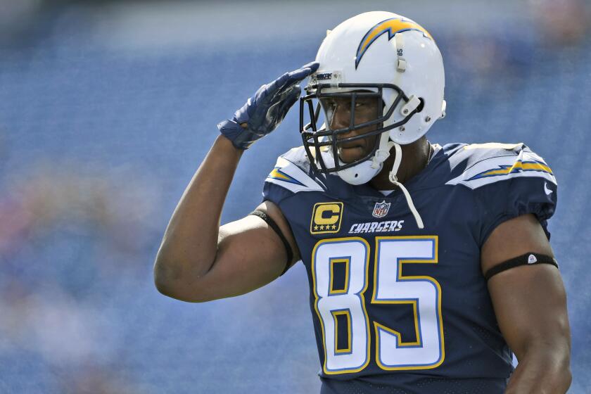 FILE - In this Sept. 16, 2018, file photo, Los Angeles Chargers' Antonio Gates warms-up before an NFL football game against the Buffalo Bills, in Orchard Park, N.Y. Gates announced his retirement, Tuesday, Jan. 14, 2020, following a 16-year career that saw him finish with 116 touchdowns, which is the most by a tight end in NFL history. (AP Photo/Adrian Kraus, File)