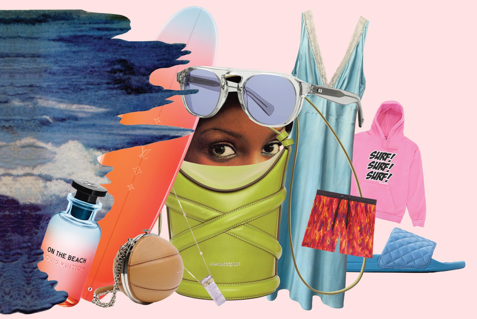 Collage of sunglasses, a sweatshirt and other summer products