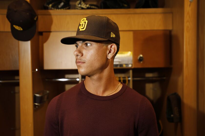 San Diego CA - January 17: The San Diego Padres signed 16-year-old catcher Ethan Salas of Caracas, Venezuela, shown here in the clubhouse at Petco Park on Tuesday, January 17, 2023. (K.C. Alfred / The San Diego Union-Tribune)
