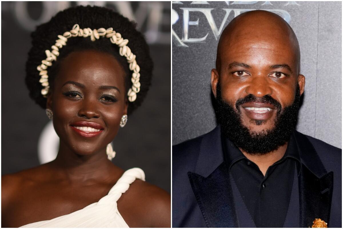 Separate photos of Lupita Nyong'o in a white dress and cowrie-shell headband and Selema Masekela in a black suit
