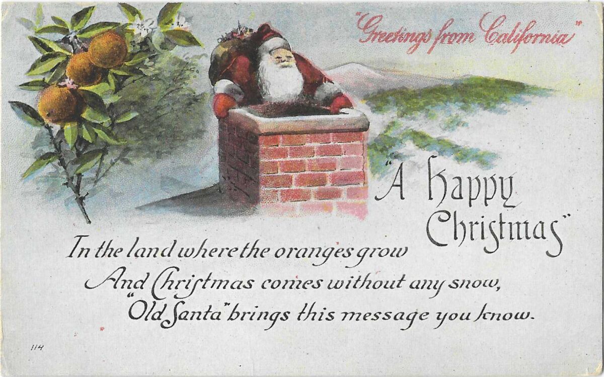 Der Weihnachtsmann bereitet sich darauf vor, den Schornstein herunterzukommen, sowie eine Illustration von Orangen und ein Weihnachtsgedicht.