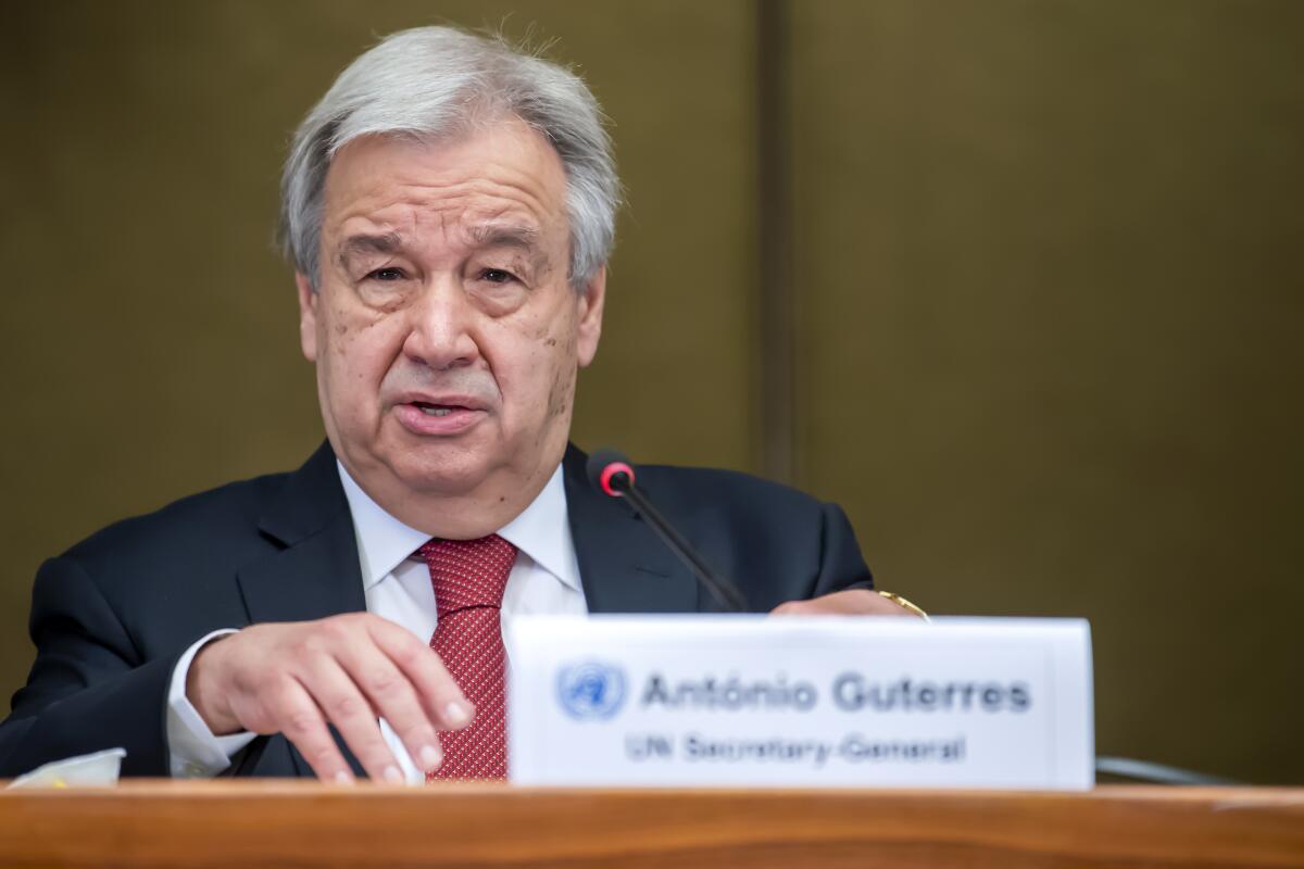 U.N. Secretary-General Antonio Guterres, speaks to the media, attends a press conference about the end of a 5+1 Meeting on Cyprus, at the European headquarters of the United Nations in Geneva, Switzerland, Thursday, April 29, 2021. (Martial Trezzini/Keystone via AP)