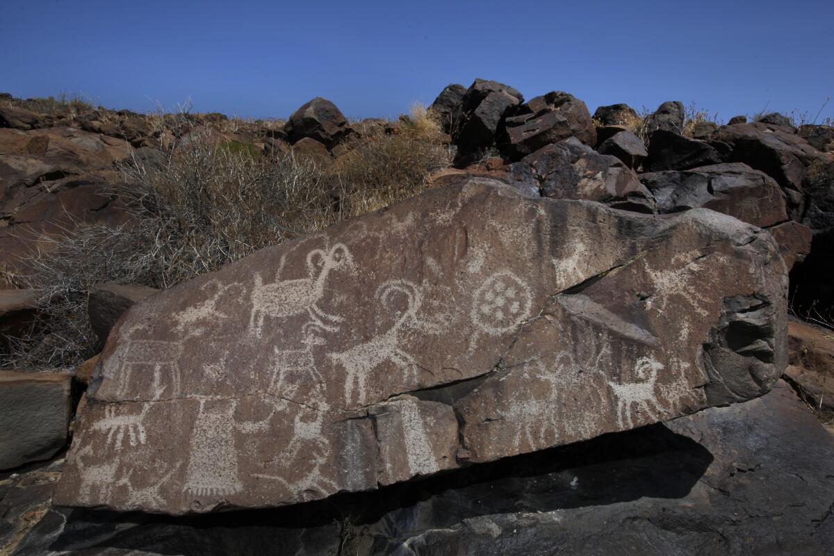Some of the thousands of petroglyphs lining the walls of Little Petroglyph Canyon, one of several areas inside Naval Air Weapons Station China Lake that contains ancient carvings and other artifacts.