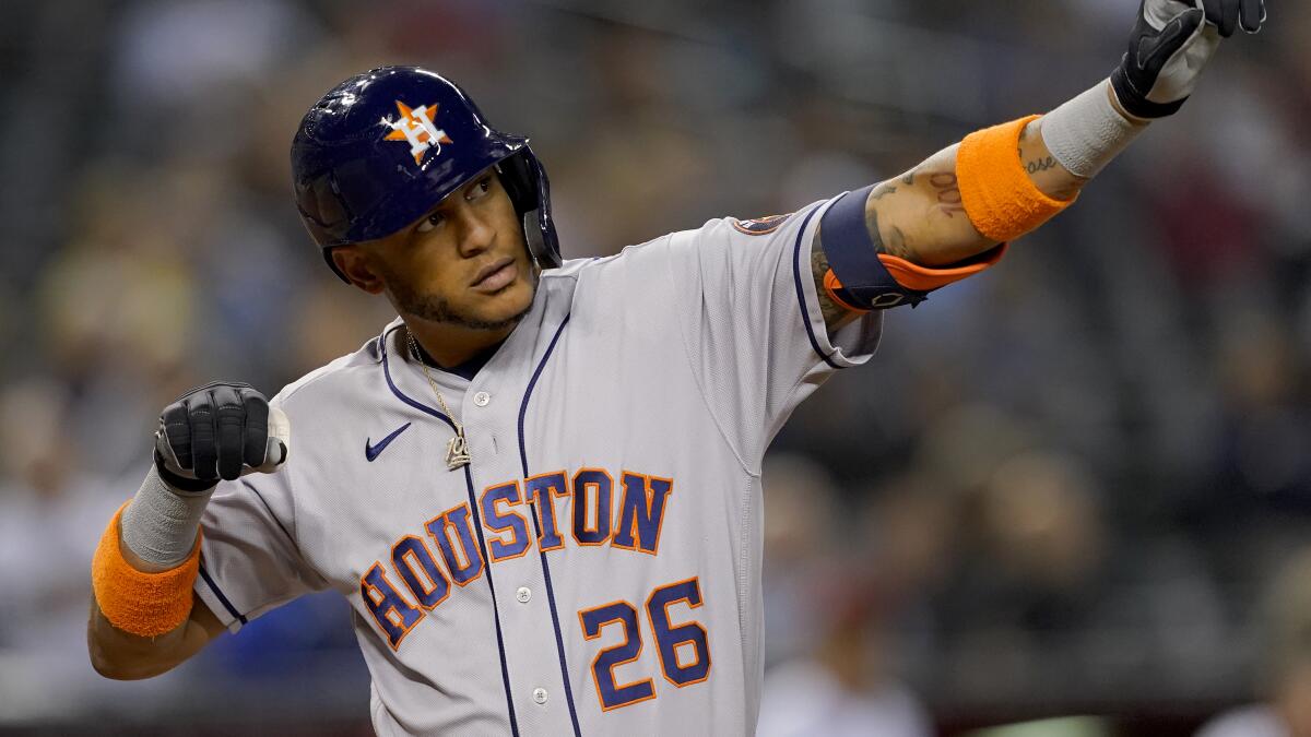 Houston Astros center fielder Jose Siri (26) bats in the bottom of the  fifth inning of the MLB game between the Houston Astros and the New York  Mets on Tuesday, June 21