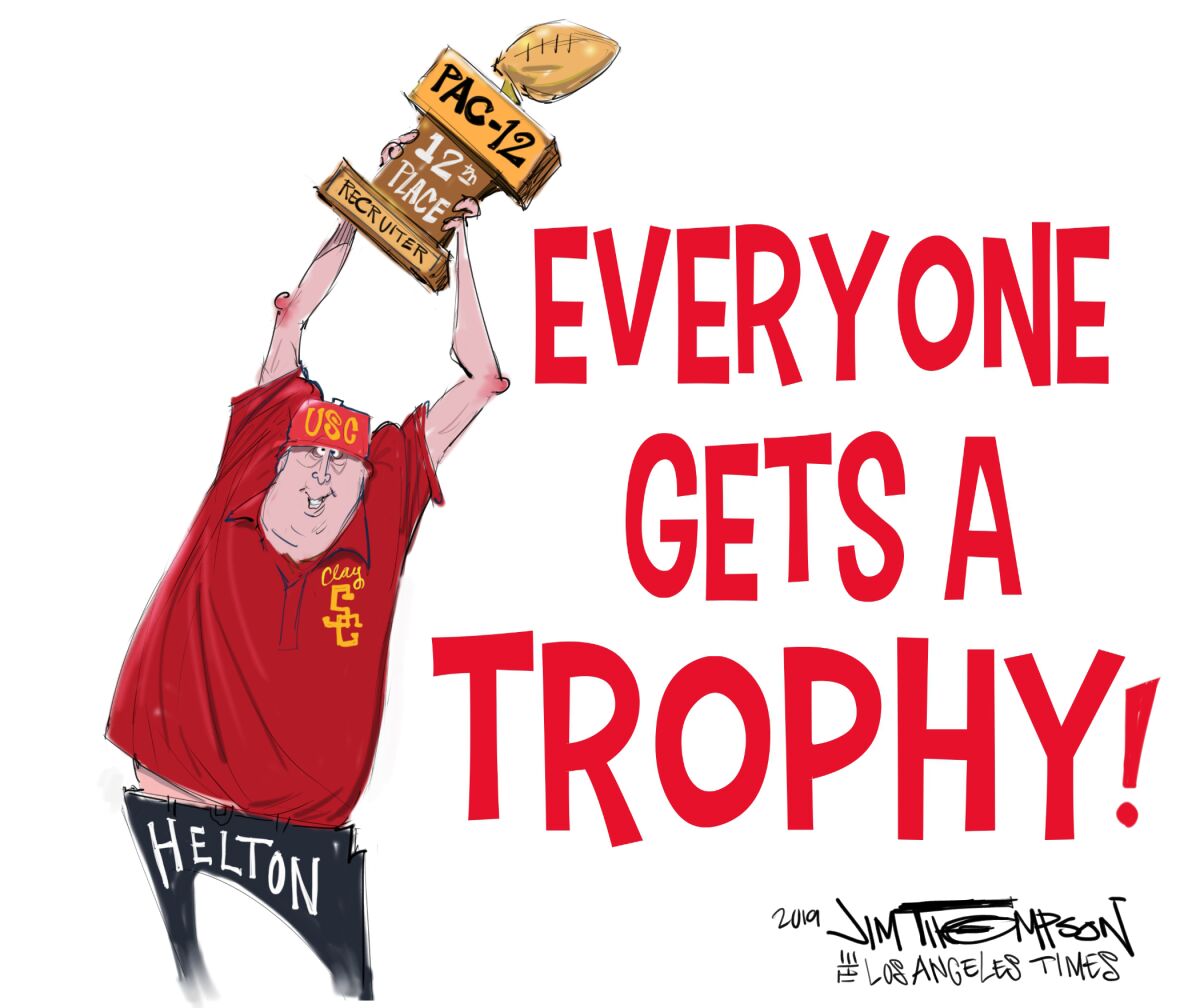 Cartoonist Jim Thompson illustrates USC coach Clay Helton following the start of college football's early signing period.