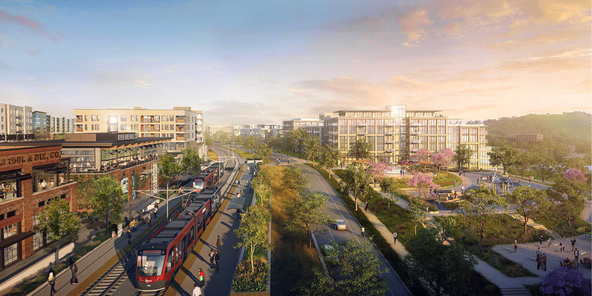 A rendering of the central portion of the Riverwalk project, which is bisected by the trolley line.