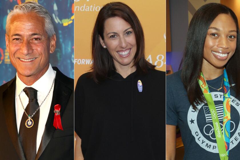 Greg Louganis, left, Janet Evans and Allyson Felix are the grand marshals for the 128th Rose Parade.