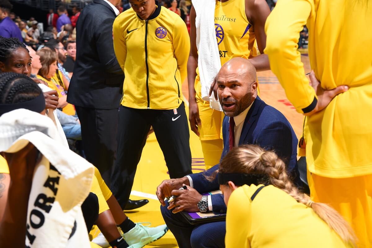 Sparks coach Derek Fisher speaks to the team during a game against the Las Vegas Aces on Aug. 1, 2019 at Staples Center.