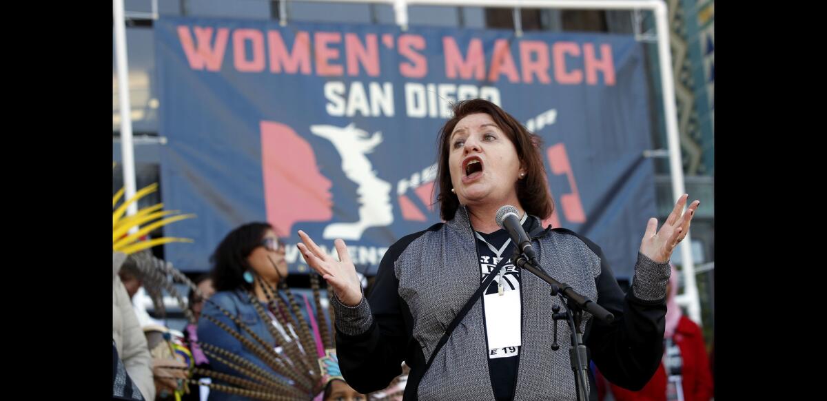 State Sen. Toni Atkins, who represents the 39th District, speaks to the crowd while in front of the County Administration Building, during the 2018 Women's March in San Diego.
