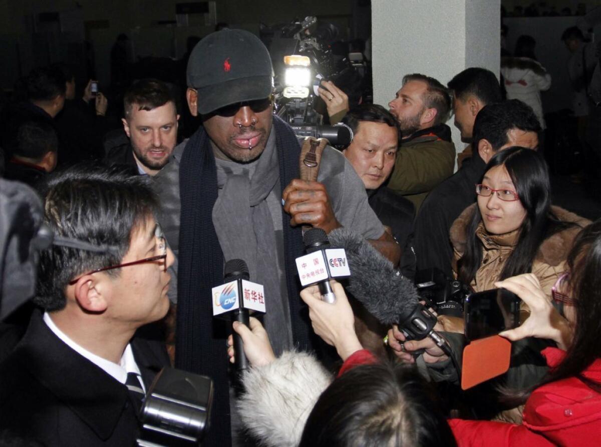 Dennis Rodman, surrounded by journalists when he arrived in North Korea, reportedly has told the nation's leader, Kim Jong Un: "You have a friend for life."