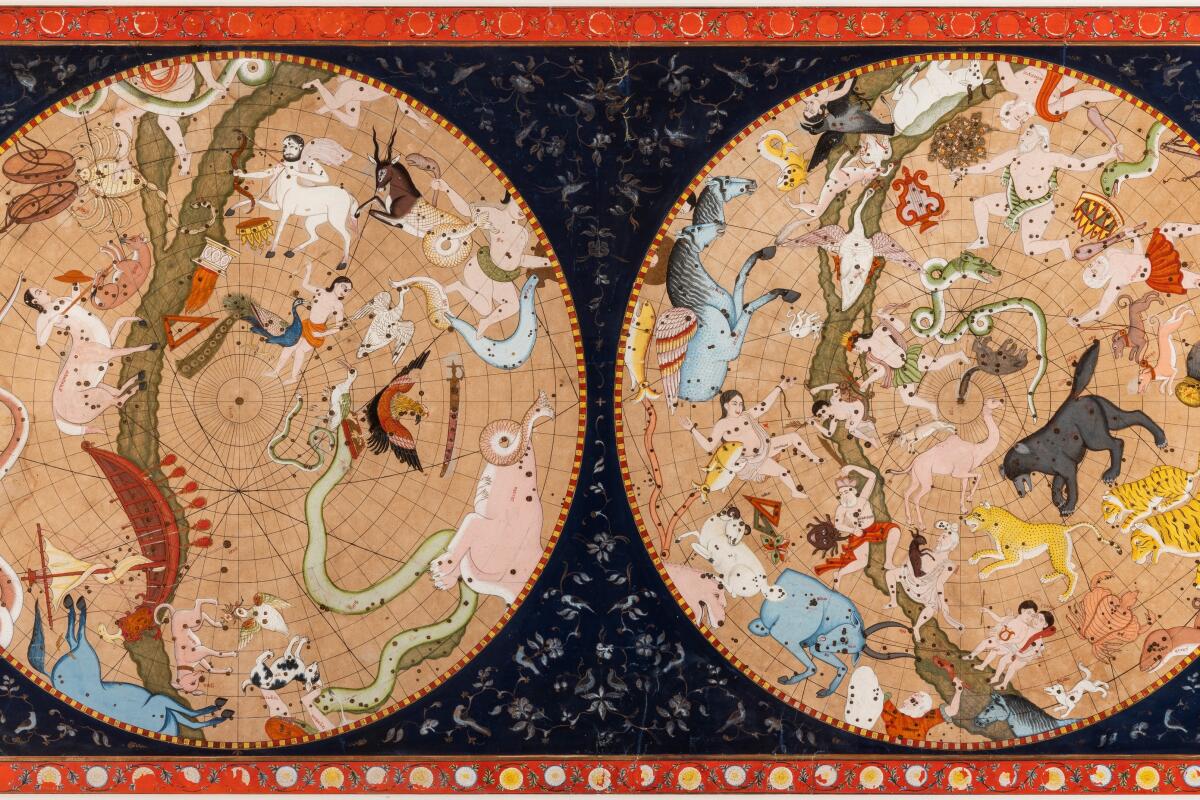 A star map created in India, circa 1780, depicting the Northern and Southern celestial hemispheres.