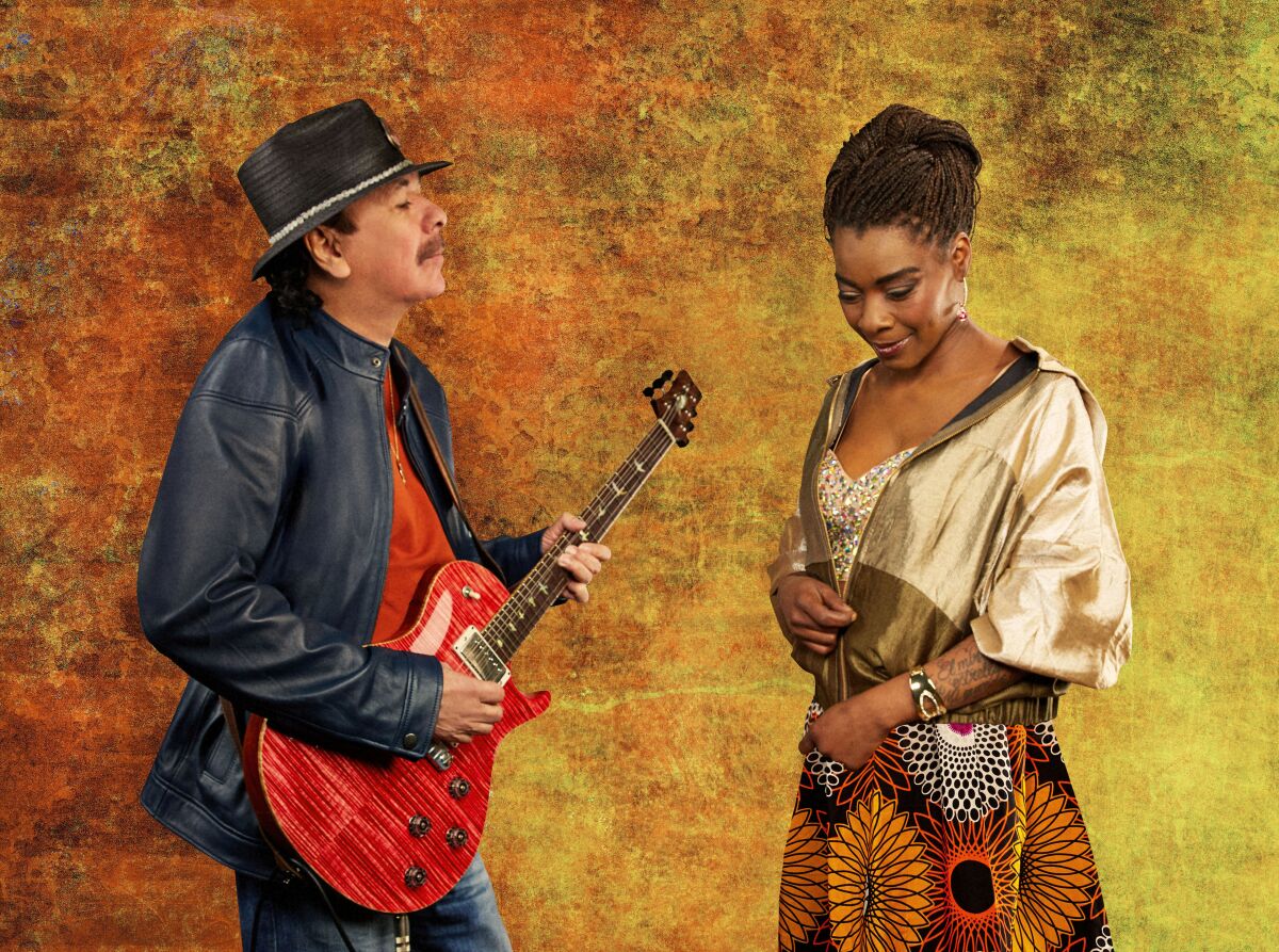 Carlos Santana (left) and his band's exuberant 2019 album, "Africa Speaks," prominently features Spanish-African vocal star Buika (right).  