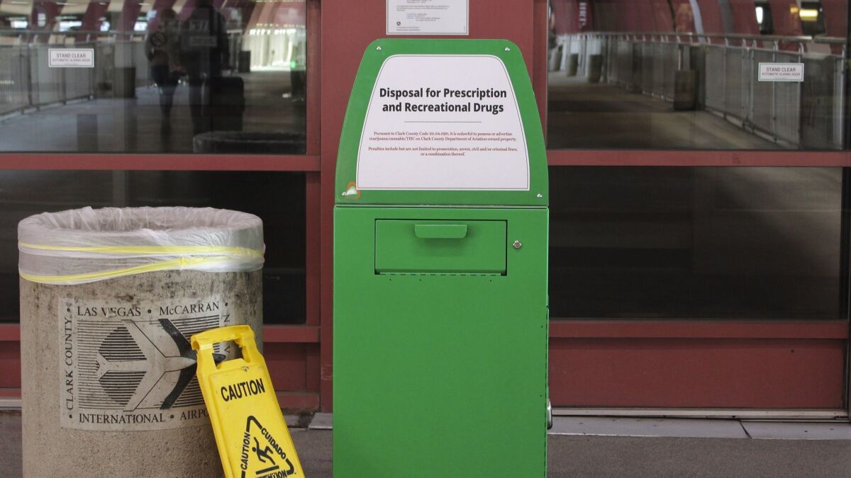 Green metal boxes have been set up at McCarran International Airport in Las Vegas so passengers can dispose of marijuana and other illicit substances. A Los Angeles City Council member wants similar bins set up at Los Angeles International Airport.