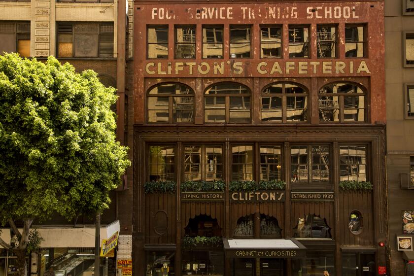 LOS ANGELES - CA - SEPTEMBER 28, 2015 - Facade of Clifton's cafeteria, September 28, 2015. Clifton's, a long-standing Los Angeles cafeteria that closed down five years ago, is soon reopening with new ownership and expanded floor space with the cafeteria on one floor and a couple of bars and a banquet space on the upper floors. (Ricardo DeAratanha/Los Angeles Times)