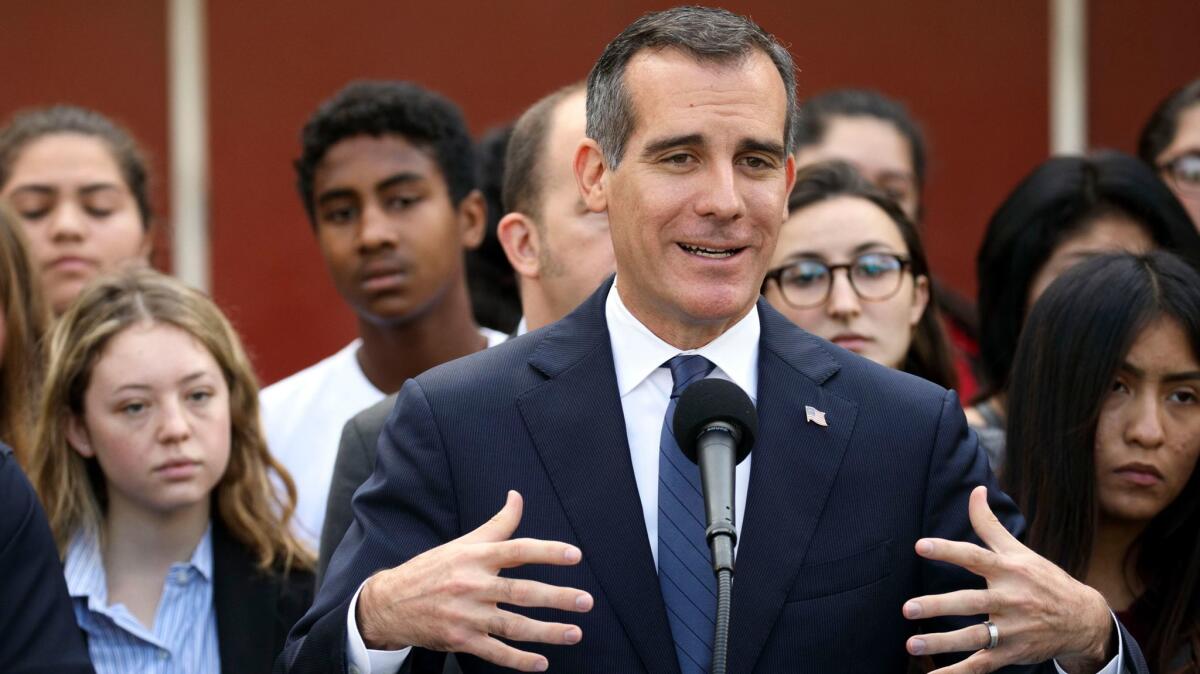 L.A. Mayor Eric Garcetti speaks to students in Boyle Heights on Monday about deportation fears under a Trump administration.