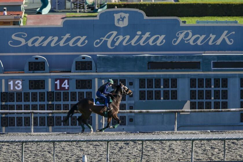 ARCADIA, CA, MARCH 08, 2019 --- Riders on training track on Friday, March 08, 2019, morning at Santa Anita Race Track in Arcadia. The track, was shut down for training and racing since last Tuesday after reported 21 horse fatalities since late December. (Irfan Khan / Los Angeles Times)