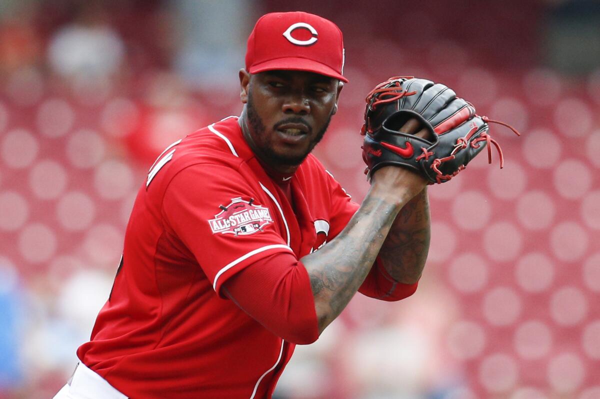 Reds relief pitcher Aroldis Chapman prepares to throw in the ninth inning of a game against the Pirates in Sept. 7.