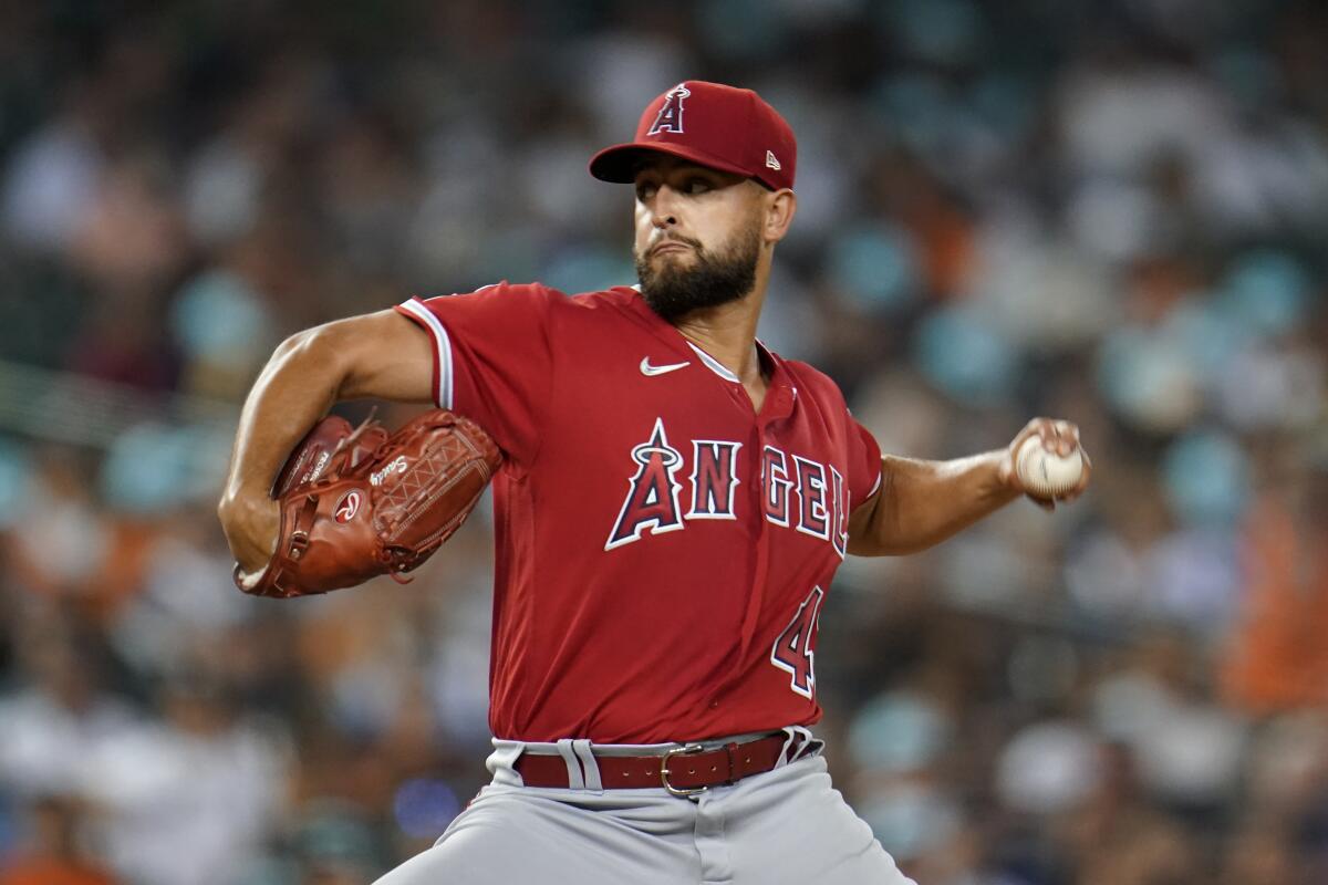 Angels left-hander Patrick Sandoval delivers against the Detroit Tigers in the seventh inning Friday night.