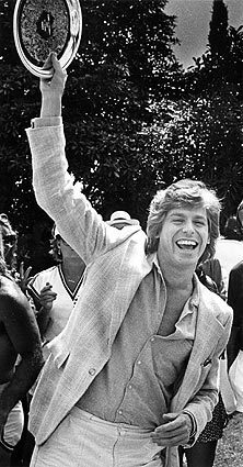 Actor Jeff Conaway waves one of the silver plates given as awards at the John Tracy Clinic's 34th annual tennis and crumpet tournament at the Playboy mansion in 1980. See obituary