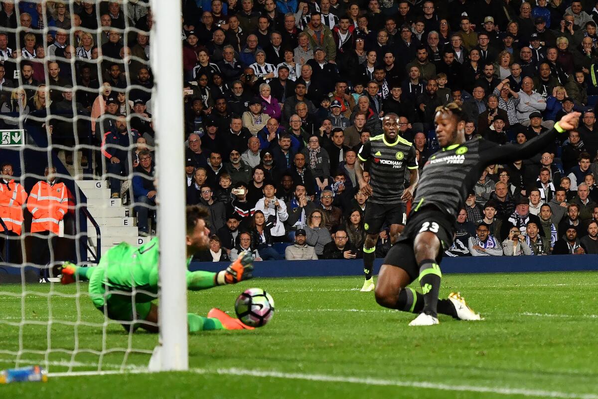 Chelsea forward Michy Batshuayi scores the only goal of the game against West Brom.
