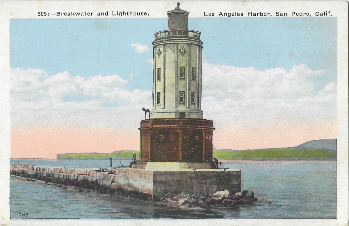 A vintage postcard shows the lighthouse on the L.A. Harbor breakwater