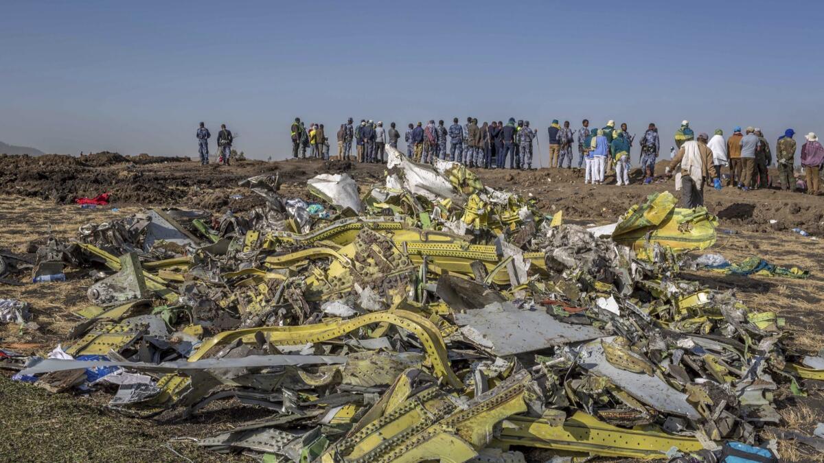 Wreckage at the crash scene of the Ethiopian Airlines 737 Max crash near Bishoftu, Ethiopia.