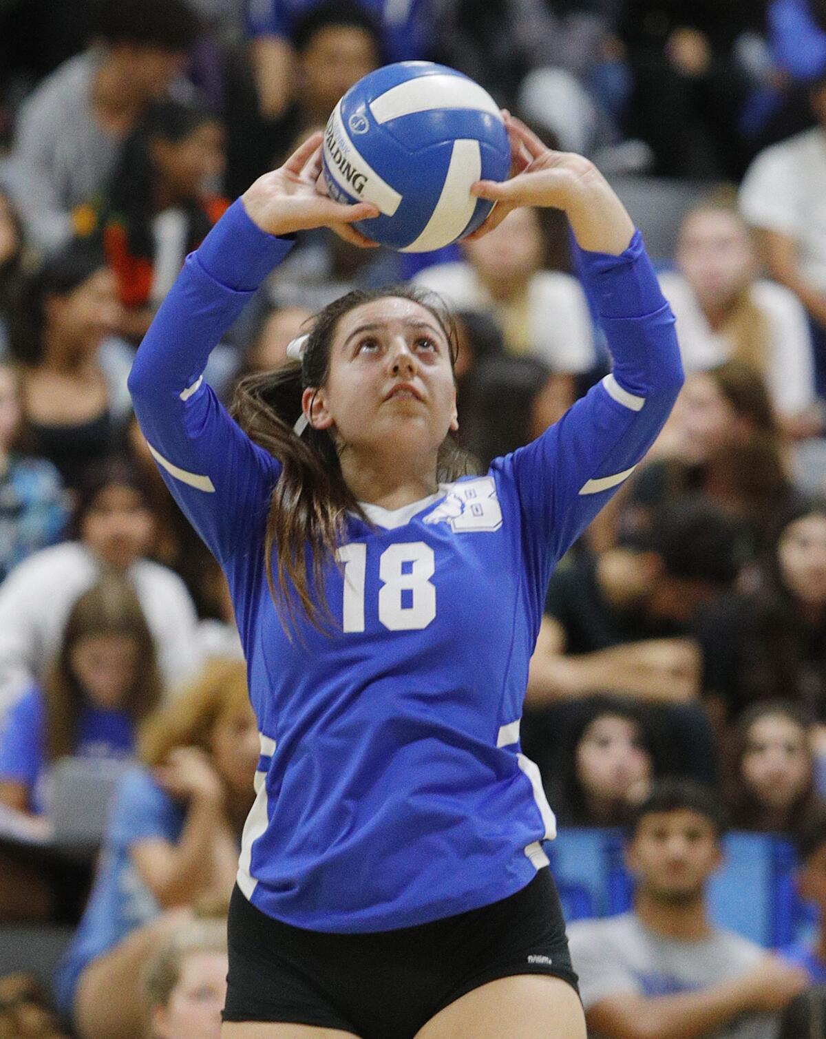 Burbank's Ashley Eskander sets the ball for a kill against Burroughs in a Pacific League girls' volleyball match at Burbank High School on Tuesday, September 24, 2019. Burroughs swept the match 3-0.