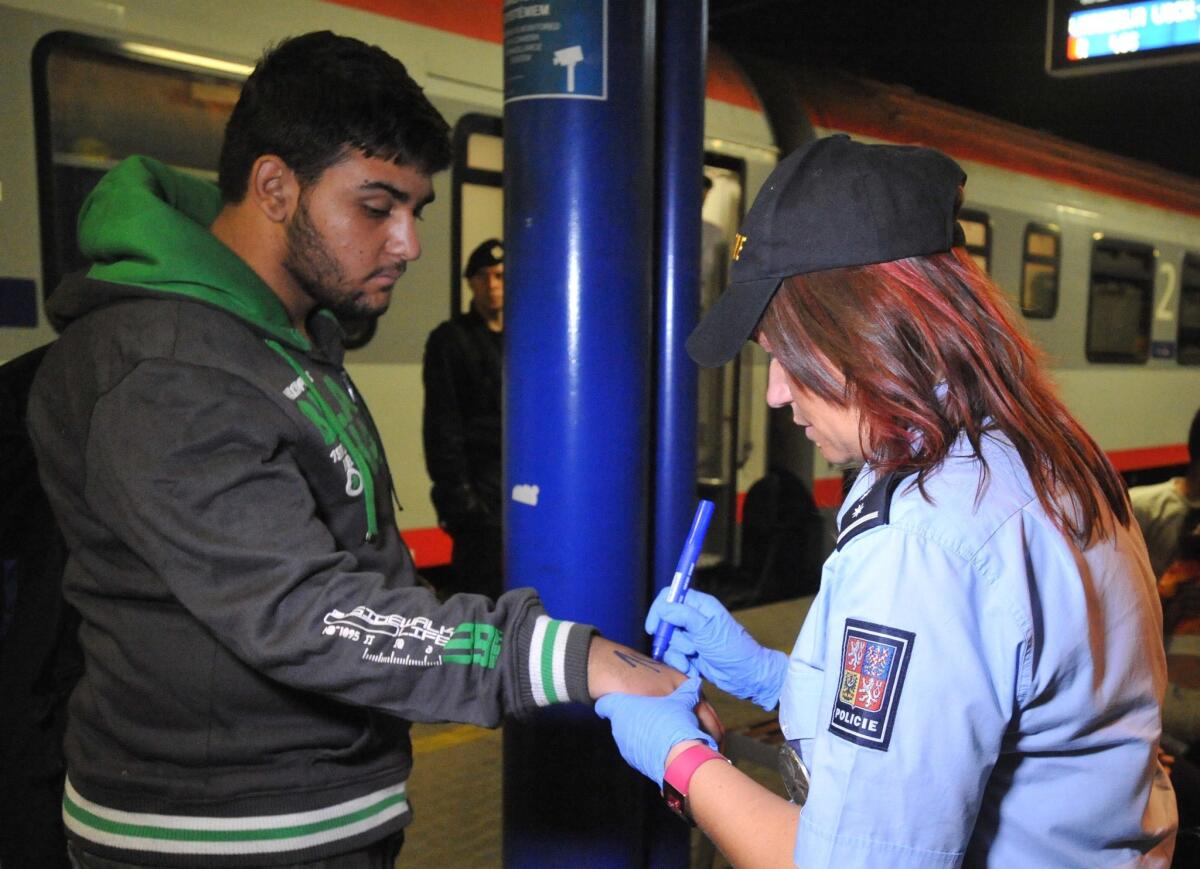 A Czech police officer marks a refugee with a number at the railway station in Breclav. (Igor Zehl / Associated Press)