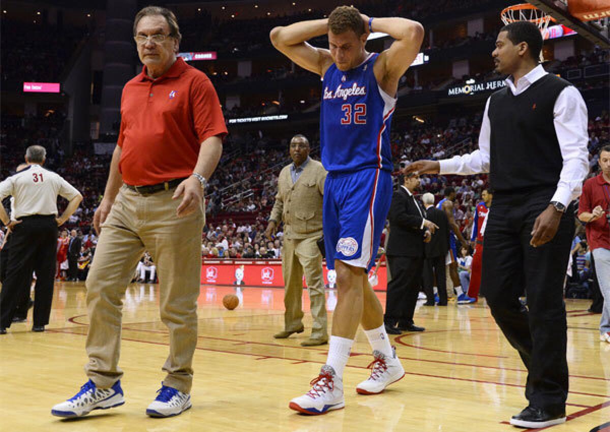 Blake Griffin hasn't played since leaving the Clippers' game against Houston in the first quarter Saturday night with back spasms.
