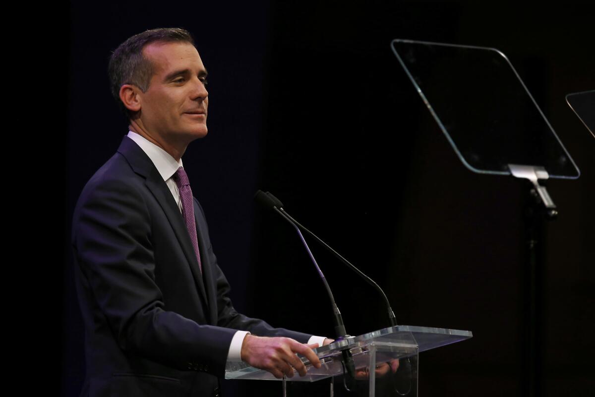 Mayor Eric Garcetti called for a minimum wage hike during his State of the City address at Cal State Northridge in April.
