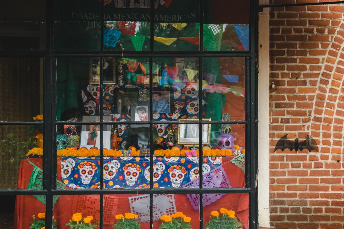 Día de Muertos altar on display in a storefront featuring colorful skulls, marigolds and photos.
