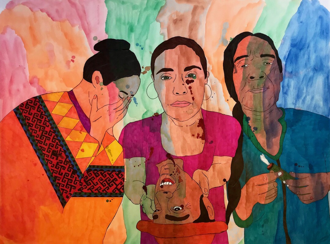 A vibrant watercolor shows three women, one of whom covers her face and holds a man's severed head.