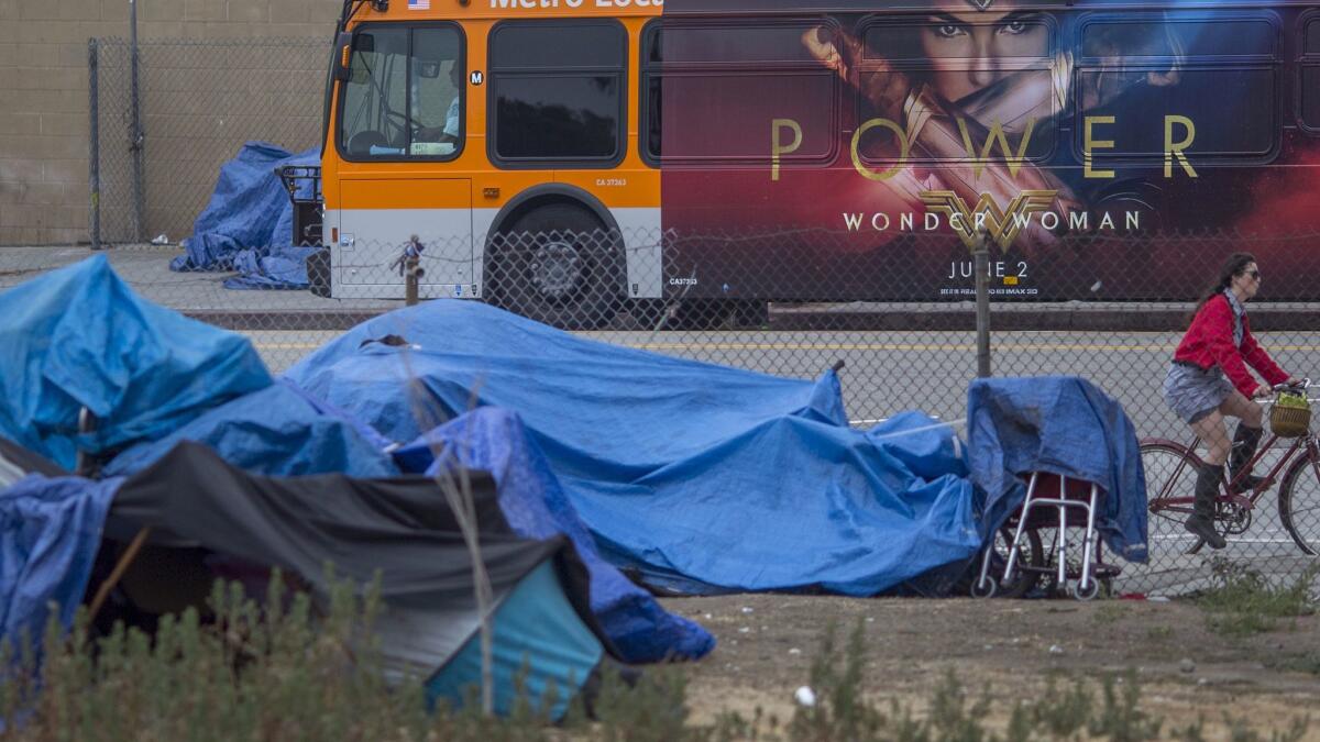 County supervisors approved a spending plan Tuesday for Measure H sales tax funds that will be used to combat homelessness. Above, an encampment in Los Angeles.