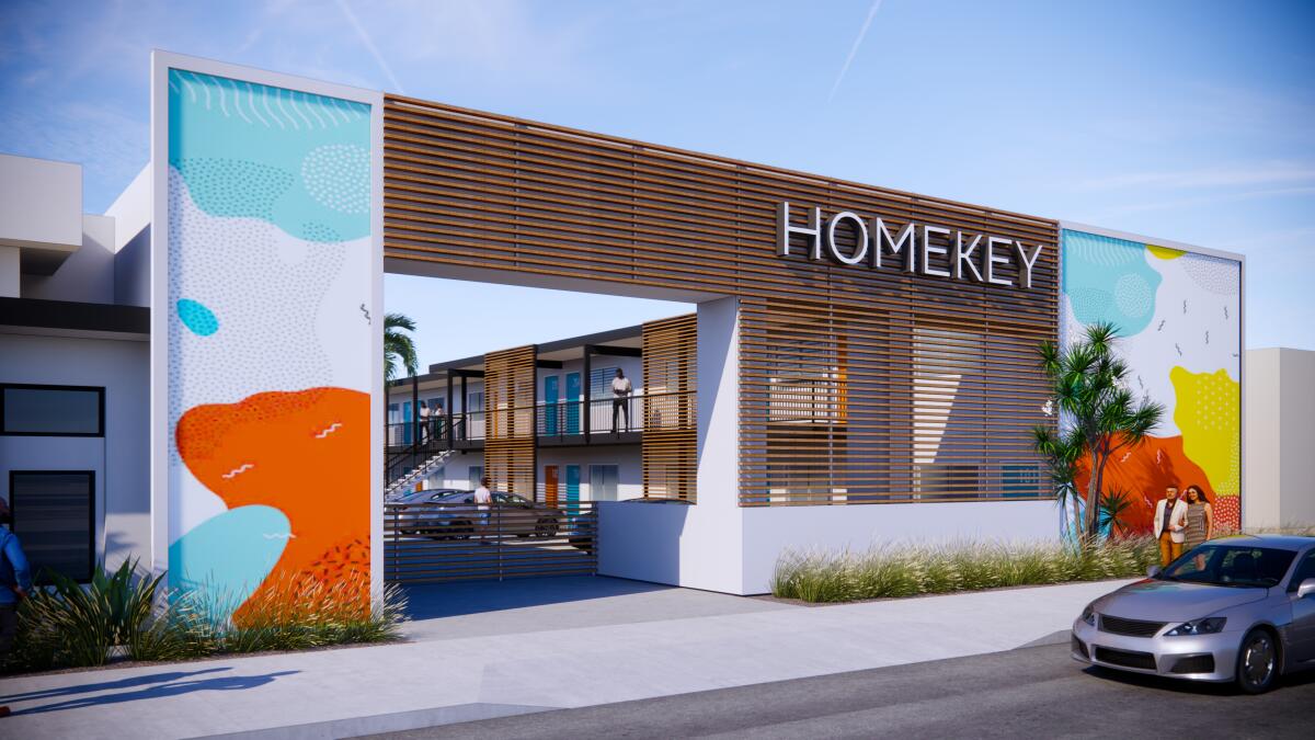 A rendering depicts a new 87-unit affordable housing project being built on Costa Mesa's Newport Boulevard.