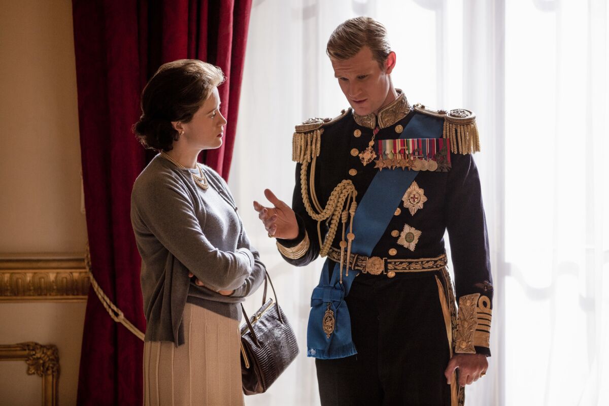 Claire Foy and Matt Smith as the queen and Prince Philip in "The Crown"