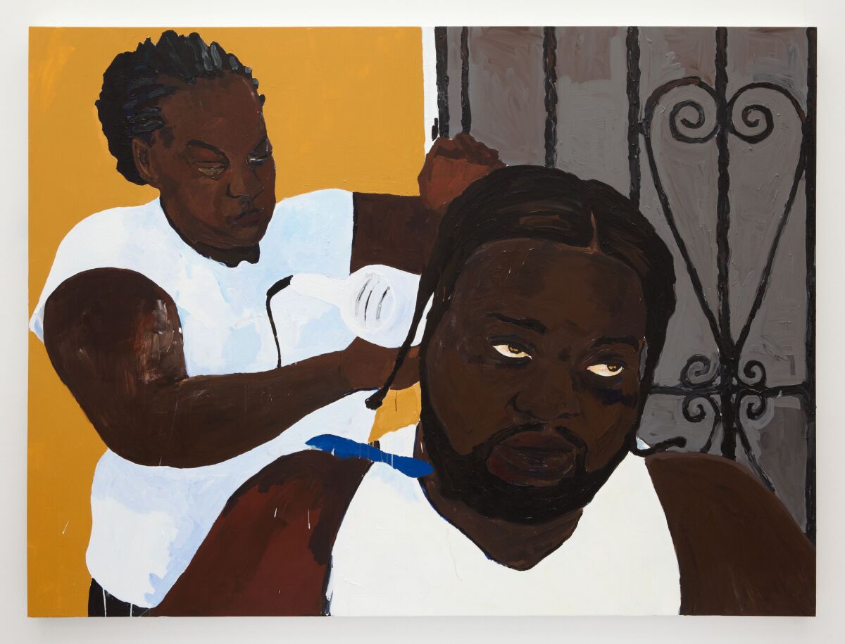 A painting by Henry Taylor shows a Black woman doing a Black man's hair on the front porch.