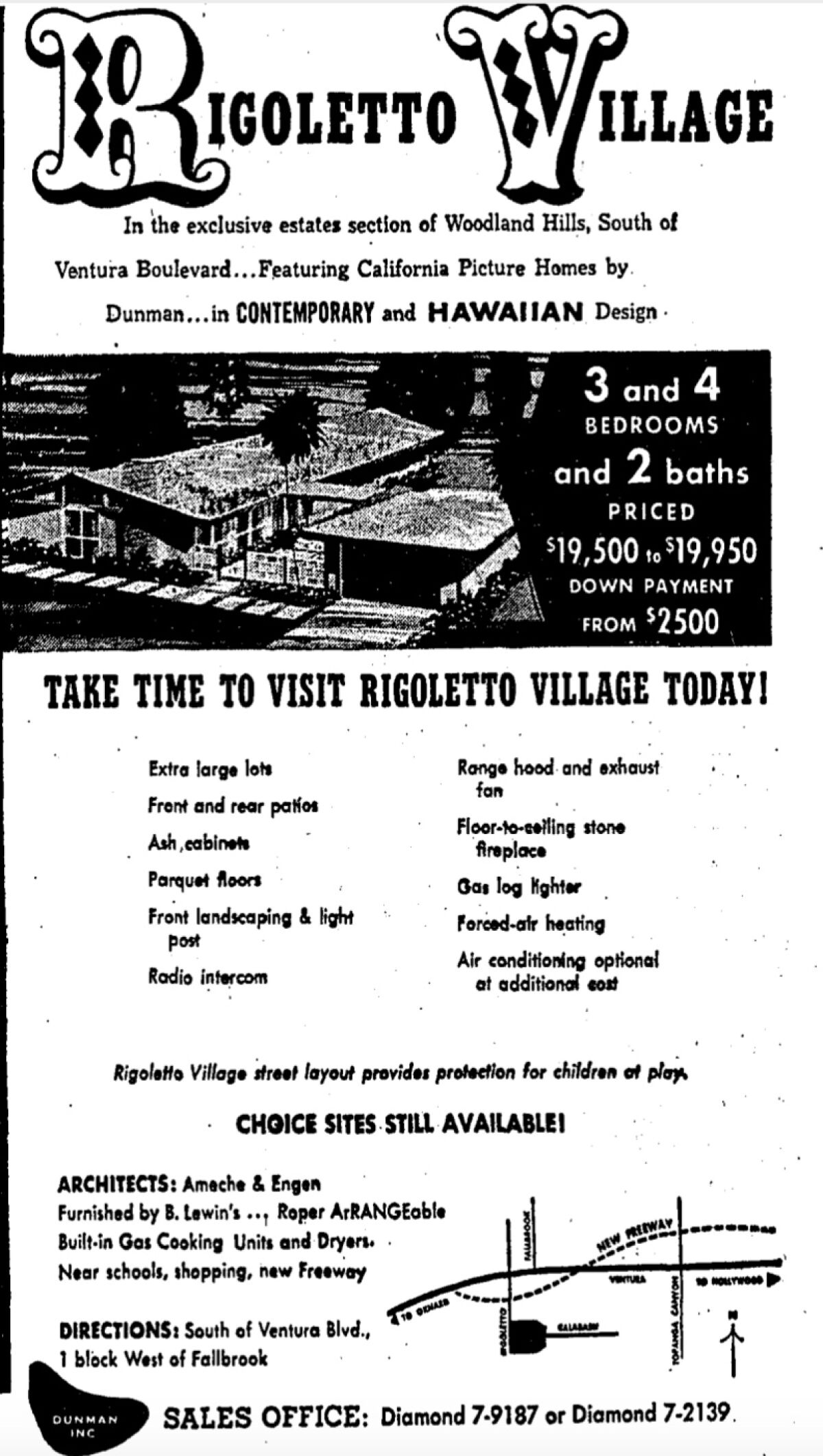1956 newspaper ad for Rigoletto Village in Woodland Hills. Selling points included extra large lots and optional AC.