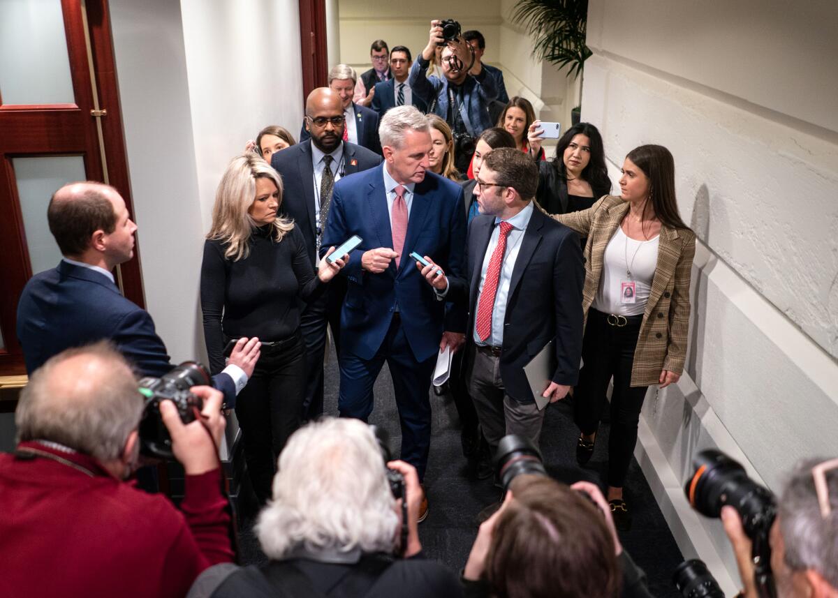 Rep. Kevin McCarthy spoke with reporters as he arrived for a GOP Caucus meeting in the U.S. Capitol Building.