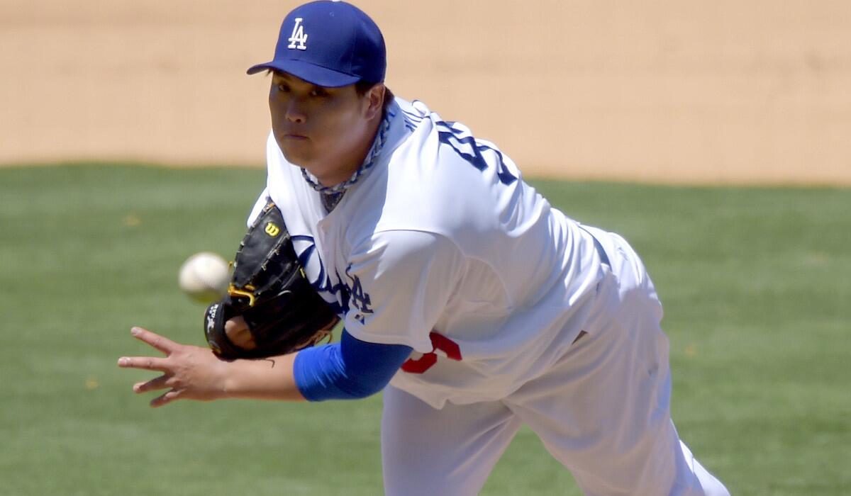 Dodgers starting pitcher Hyun-Jin Ryu improved to 10-5 with a 3.44 earned-run average after pitching six scoreless innings against the Padres on Sunday.