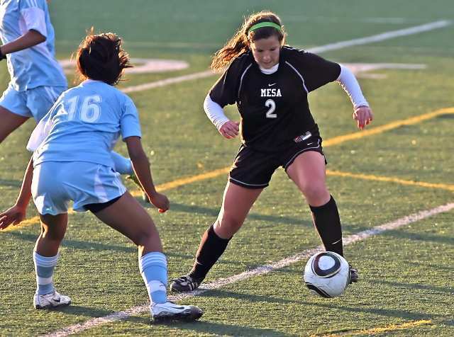 Costa Mesa High senior Sami Feinstein (2), bound for Cal State Dominguez Hills, led the Mustangs in both goals (13) and assists (seven). She was a first-team All-Orange Coast League selection.