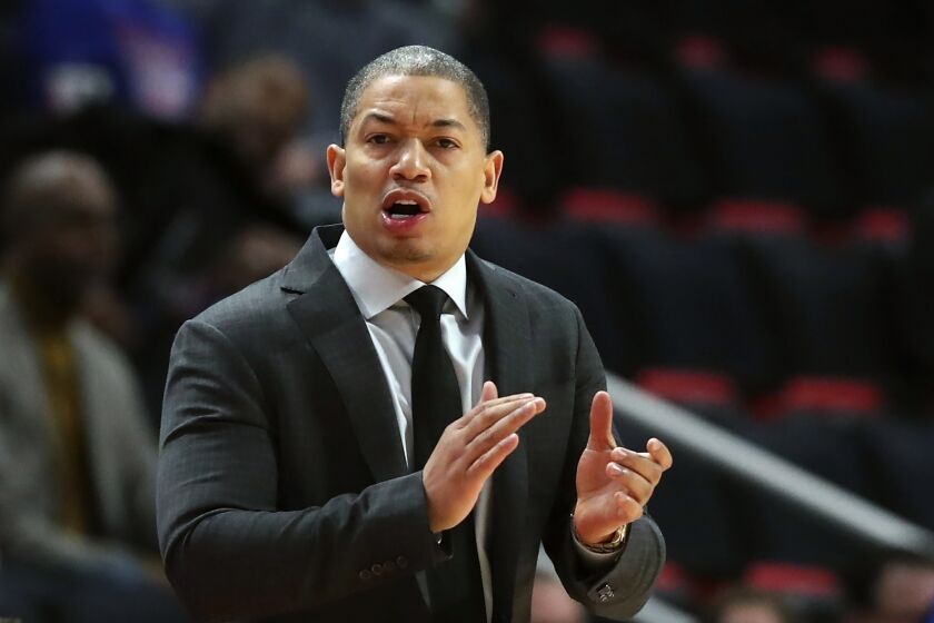 FILE - In this Thursday, Oct. 25, 2018, file photo, Cleveland Cavaliers head coach Tyronn Lue gestures.