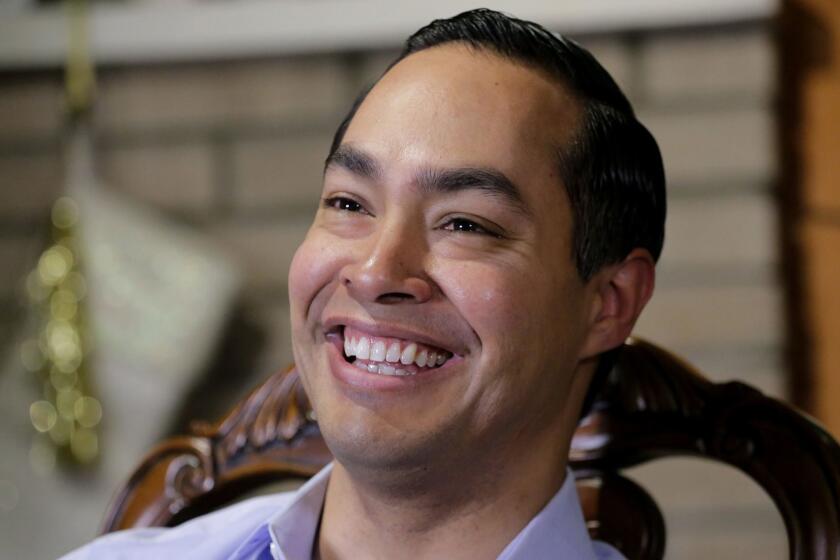 Democrat Julian Castro talks about exploring the possibility of running for president in 2020, at his home in San Antonio, Tuesday, Dec. 11, 2018. The announcement Wednesday gives the 44-year-old Castro a jump-start on whatâs likely to be a crowded Democratic primary field that has no clear front-runner. He tells The Associated Press he plans to announce his ultimate decision in early January. (AP Photo/Eric Gay)