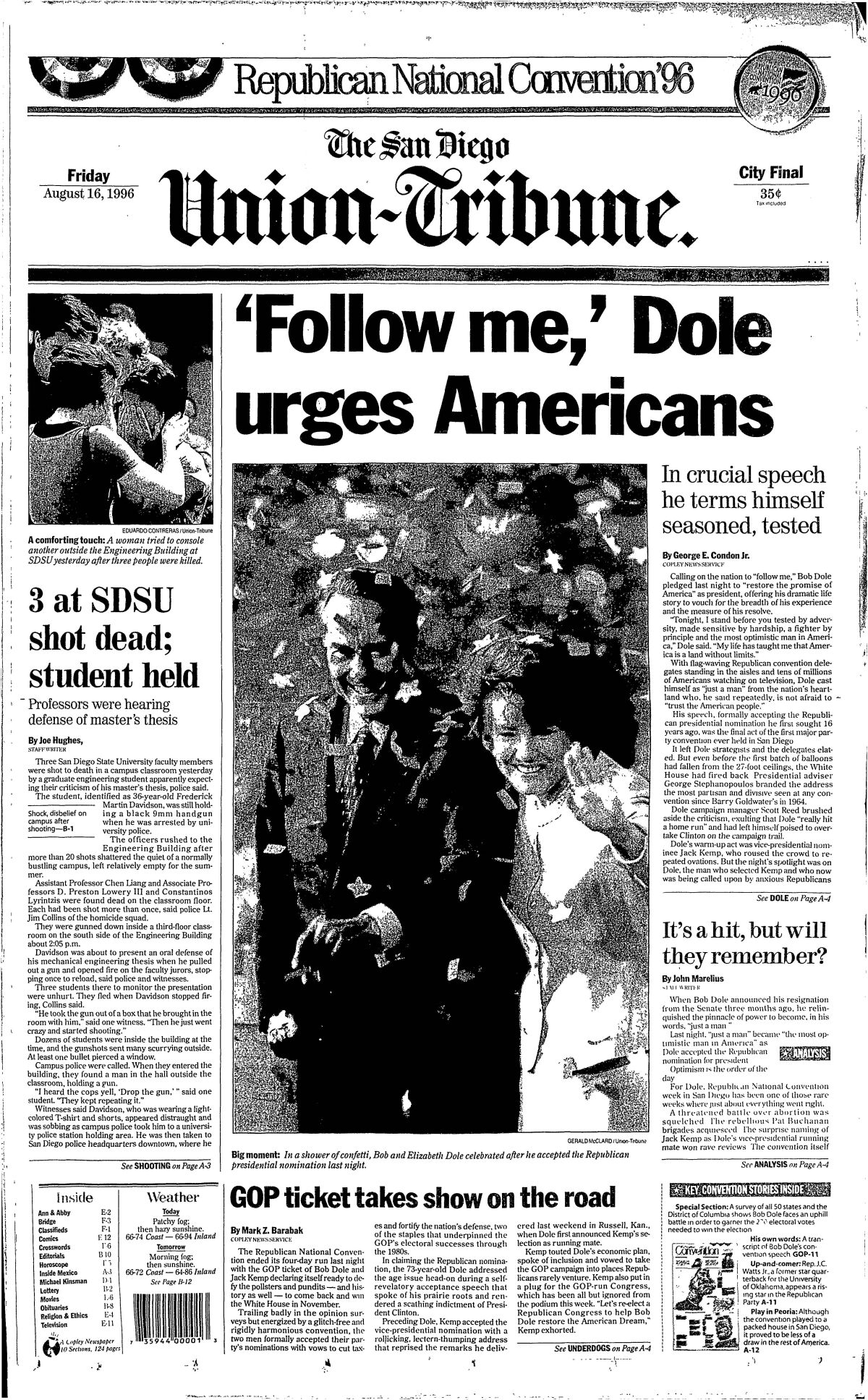 Front page of The San Diego Union-Tribune, August 16, 1996.